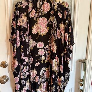 Angie Black Kimono with Pink and Yellow Floral Design